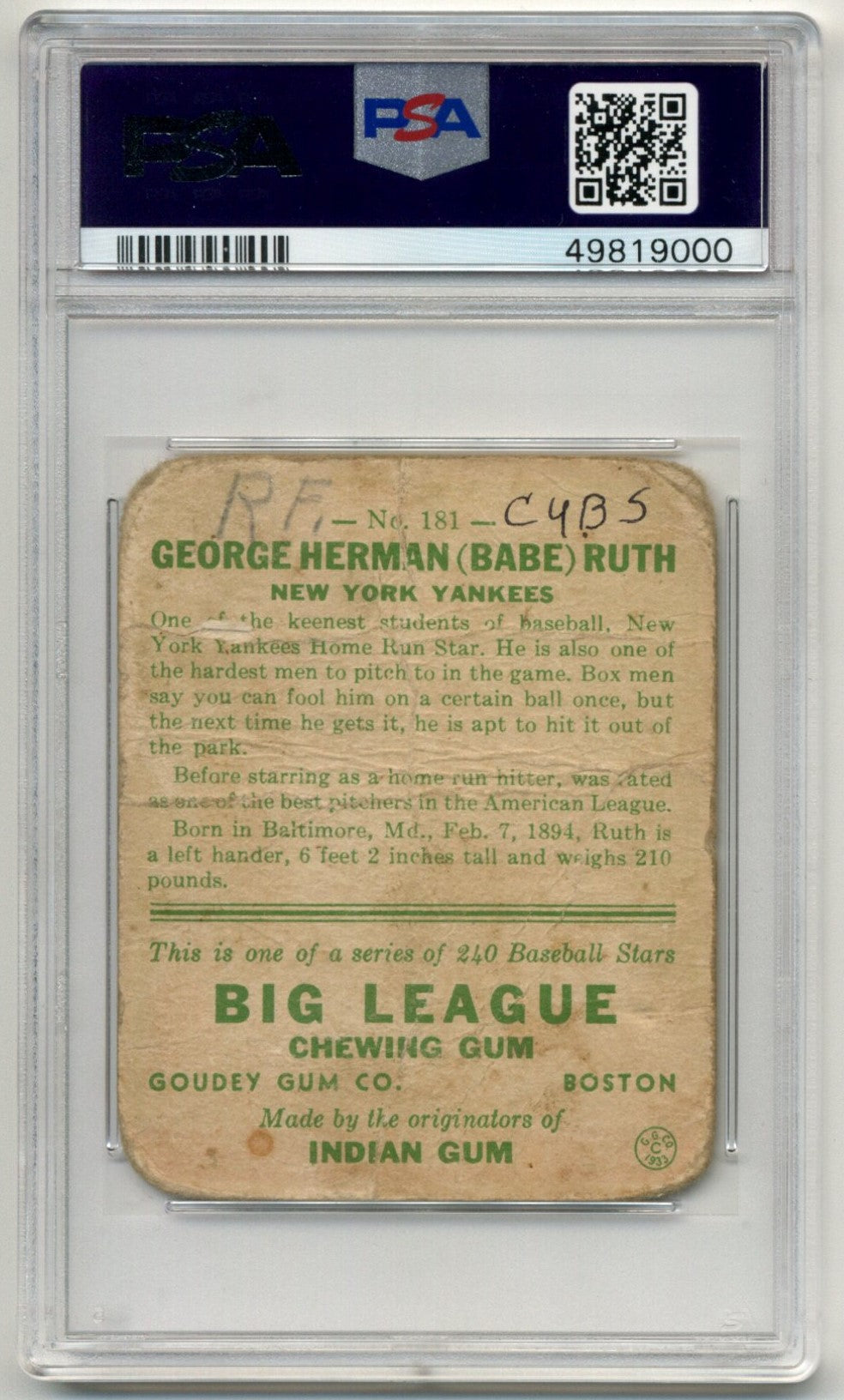 1933 Goudey Babe Ruth #181 PSA 1(MK) PR