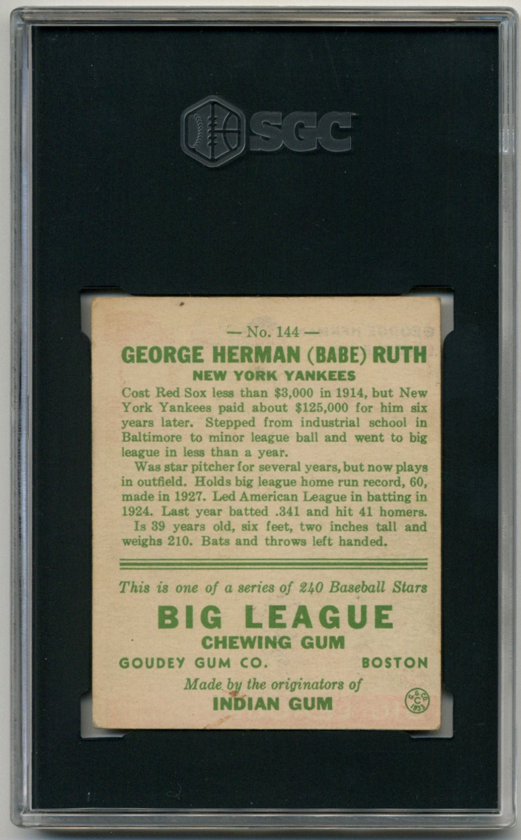 1933 Goudey #144 Babe Ruth SGC 4 VG-EX