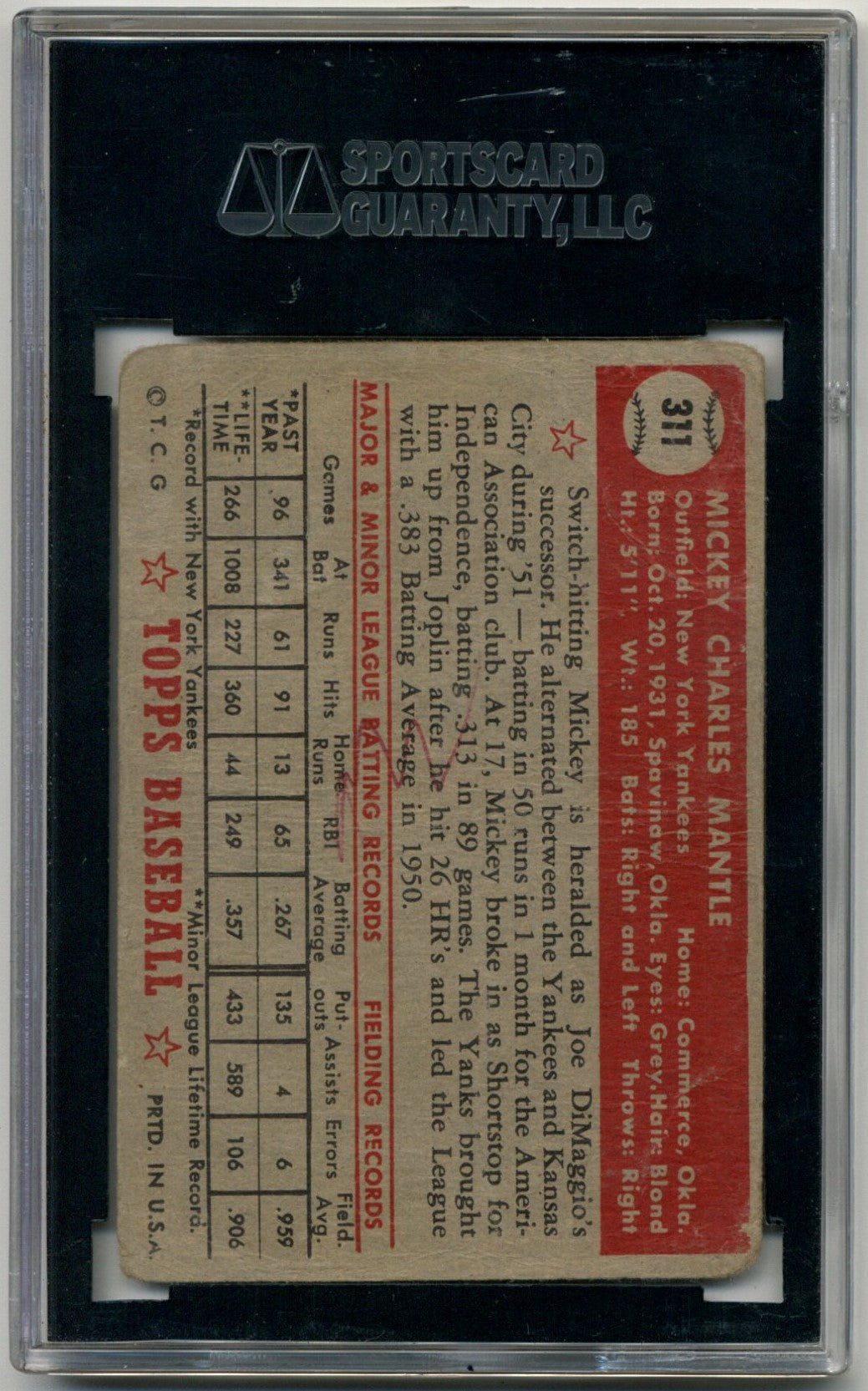 1952 Topps Mickey Mantle #311 SGC Poor 10